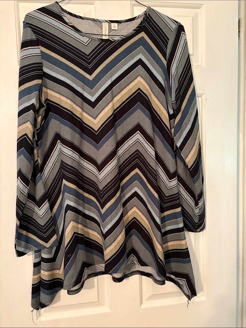 Tacera Chevron Stripe Long-Sleeve Swing Tunic in Black, Blue & Tan